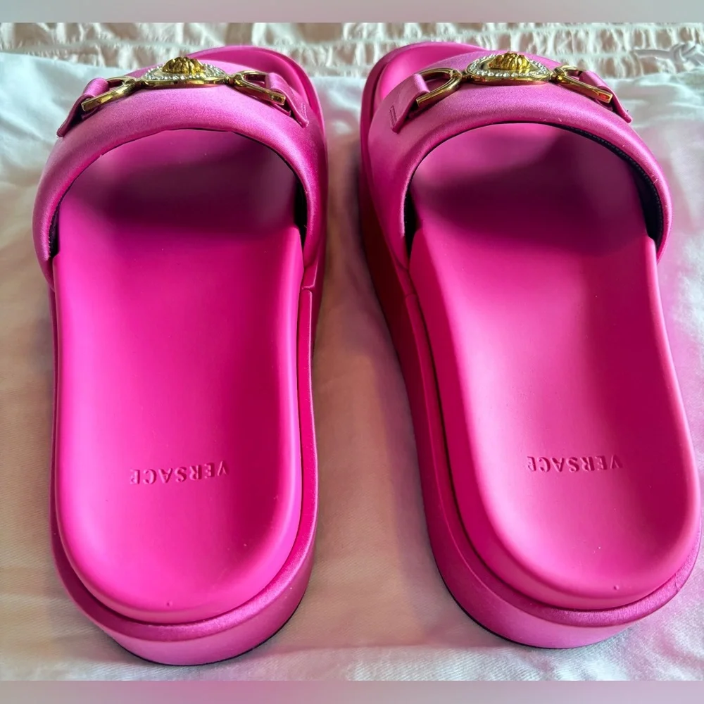 NWT • Versace • Biggie Medusa Satin Embellished Platform Slides • Pink • 37 (7)